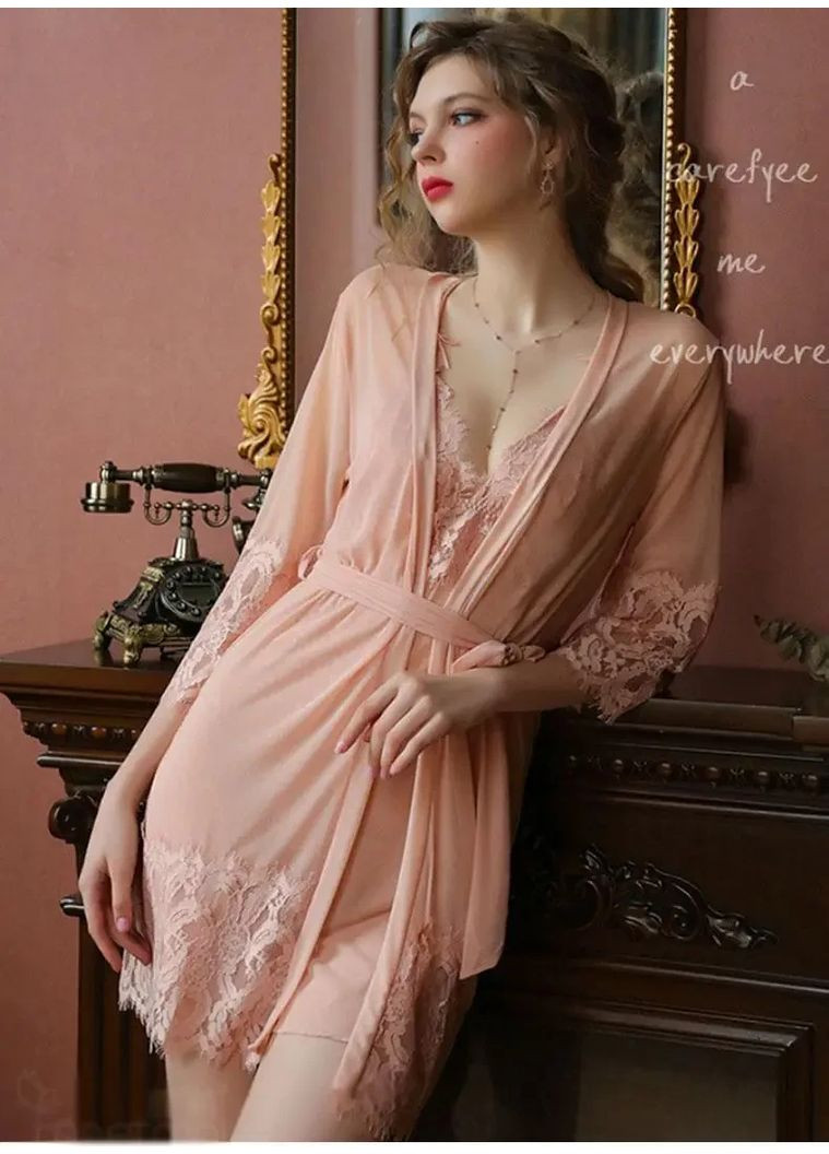 Кружевный халат с пеньюаром с поясом и трусиками. Кружевный халат с пеньюаром прозрачный для сна. China (360862682)