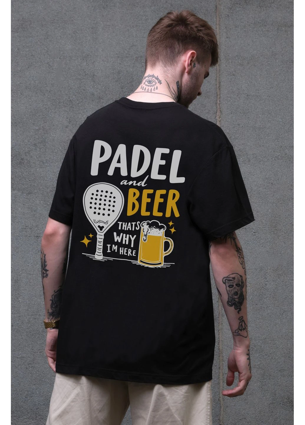 Черная оверсайз футболка з принтом padel and beer с длинным рукавом Without