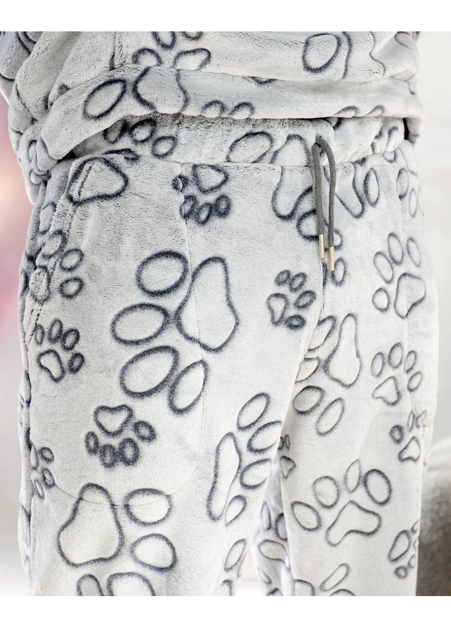 Сіра піжама жіноча лапки плюшева штани і кофта з капюшоном No Brand