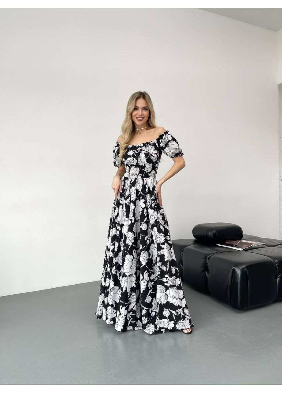 Чорно-білий святковий, повсякденний, вечірня, пляжна, кежуал жіноча довга сукня з відкритими плечима Vakko з квітковим принтом