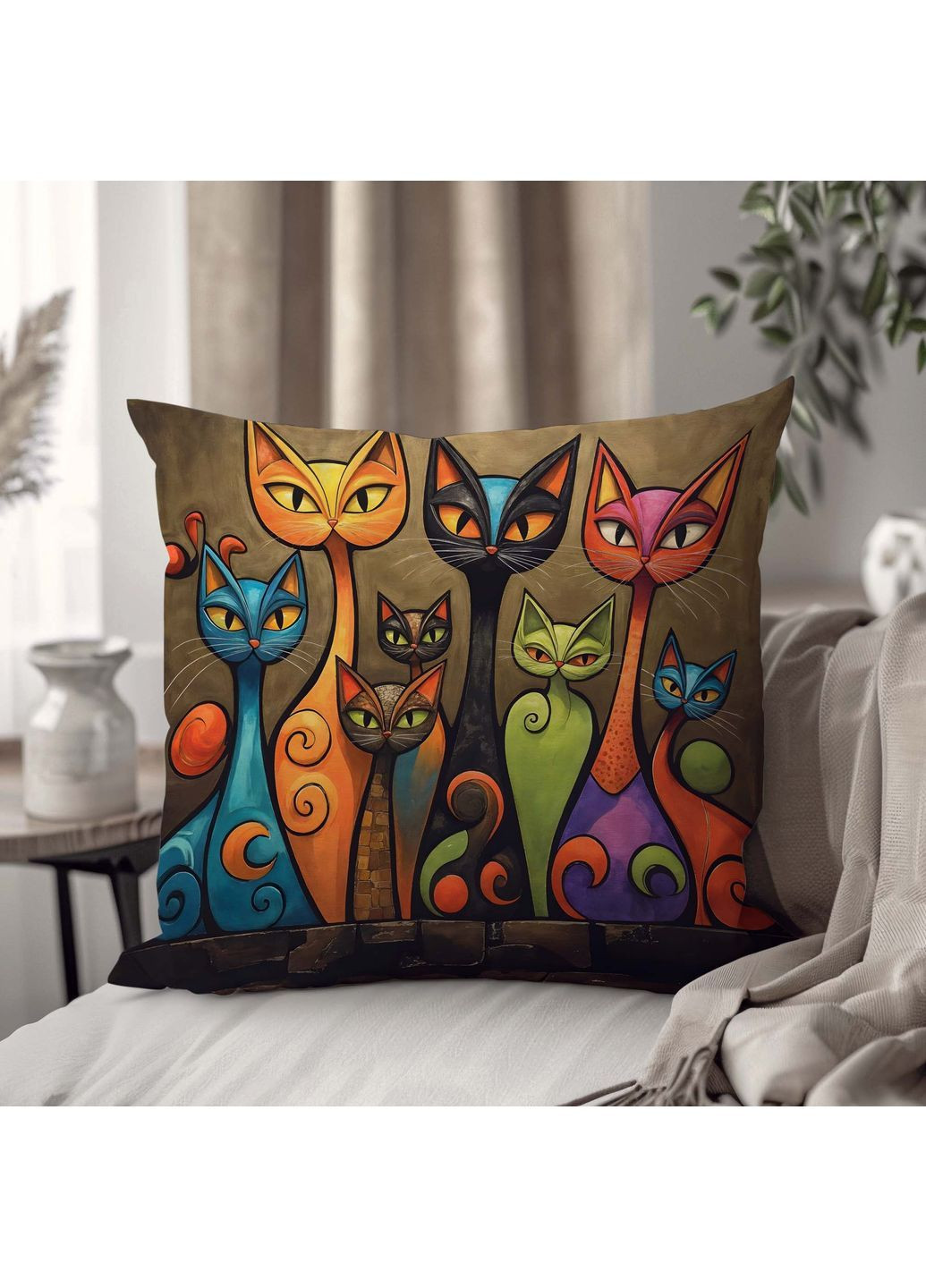Подушка для дивана "Цветные коты" – современный дизайн интерьера 45×45 см 1321445UA WONKEY (361968071)