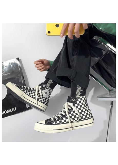 Чорні високі чоловічі кеди в клітинку біло чорні dk20082 No Brand