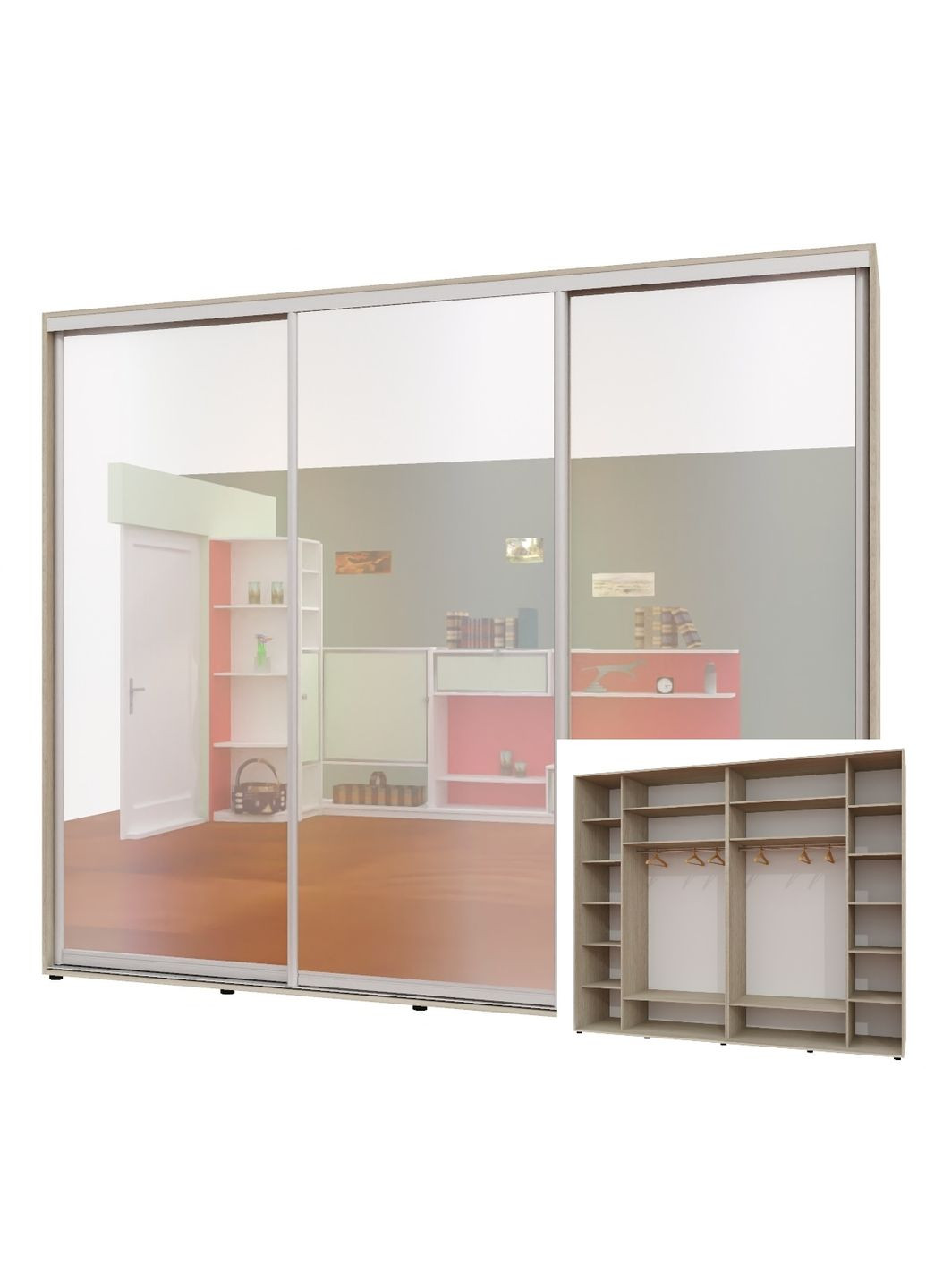 Шкаф-купе трехдверный 300*60*220 см Дуб Шамони светлый 3 двери Зеркало Люкс-147 Алекса (360464886)