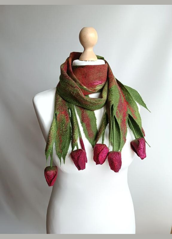 Шарф з тюльпанами, мокре валяння вовни меринос і шовку, ручна робота Hand Made (330766788)