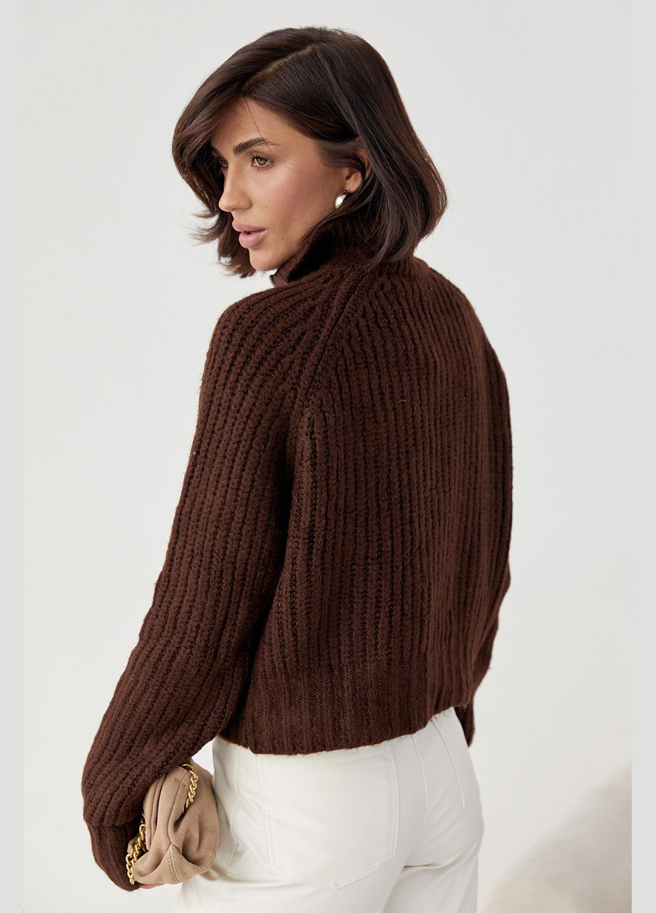 Коричневый зимний женский вязаный свитер oversize с воротником на молнии 03901 Lurex
