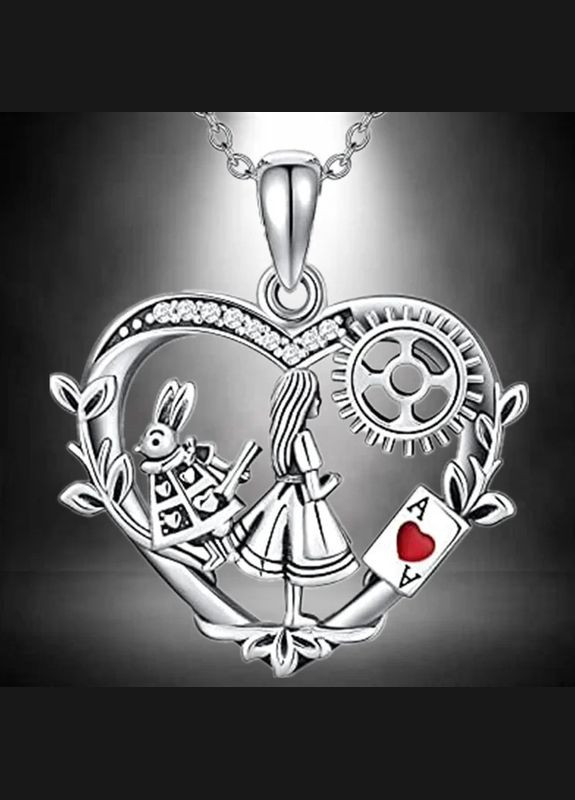Женский кулон подвеска на цепочке Алиса в Стране чудес в форме сердца карты чирва и самой Алисы и зайки Liresmina Jewelry (290982085)