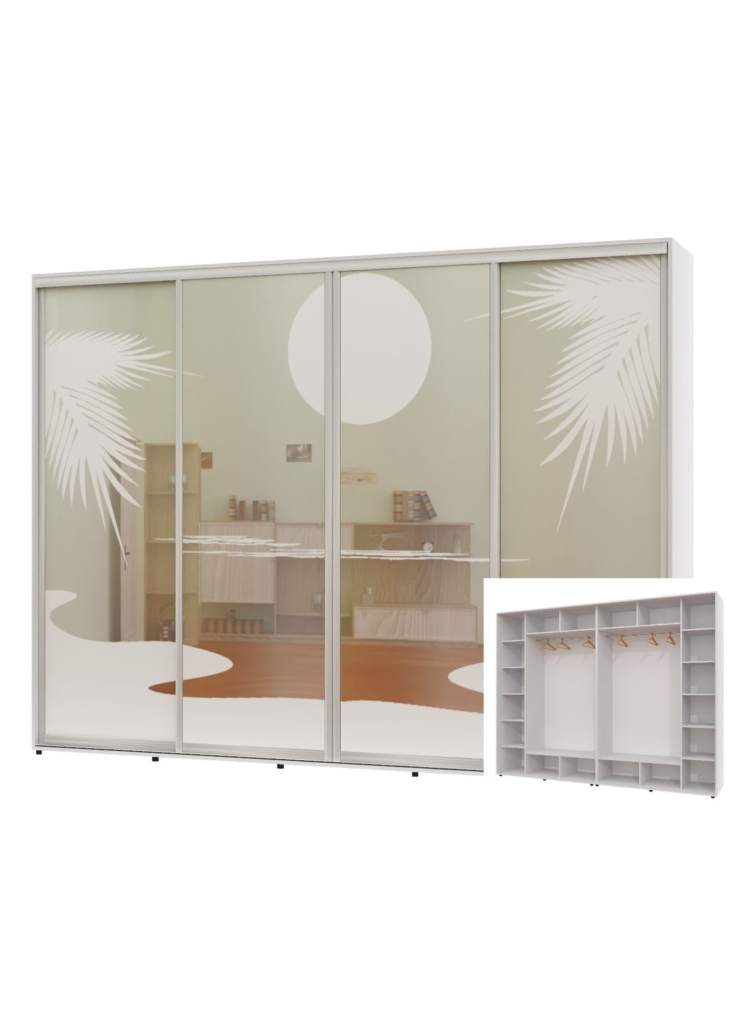 Шкаф-купе четырехдверный 330*60*240 Белый Зеркало с пескоструйным рисунком Алекса (360452534)