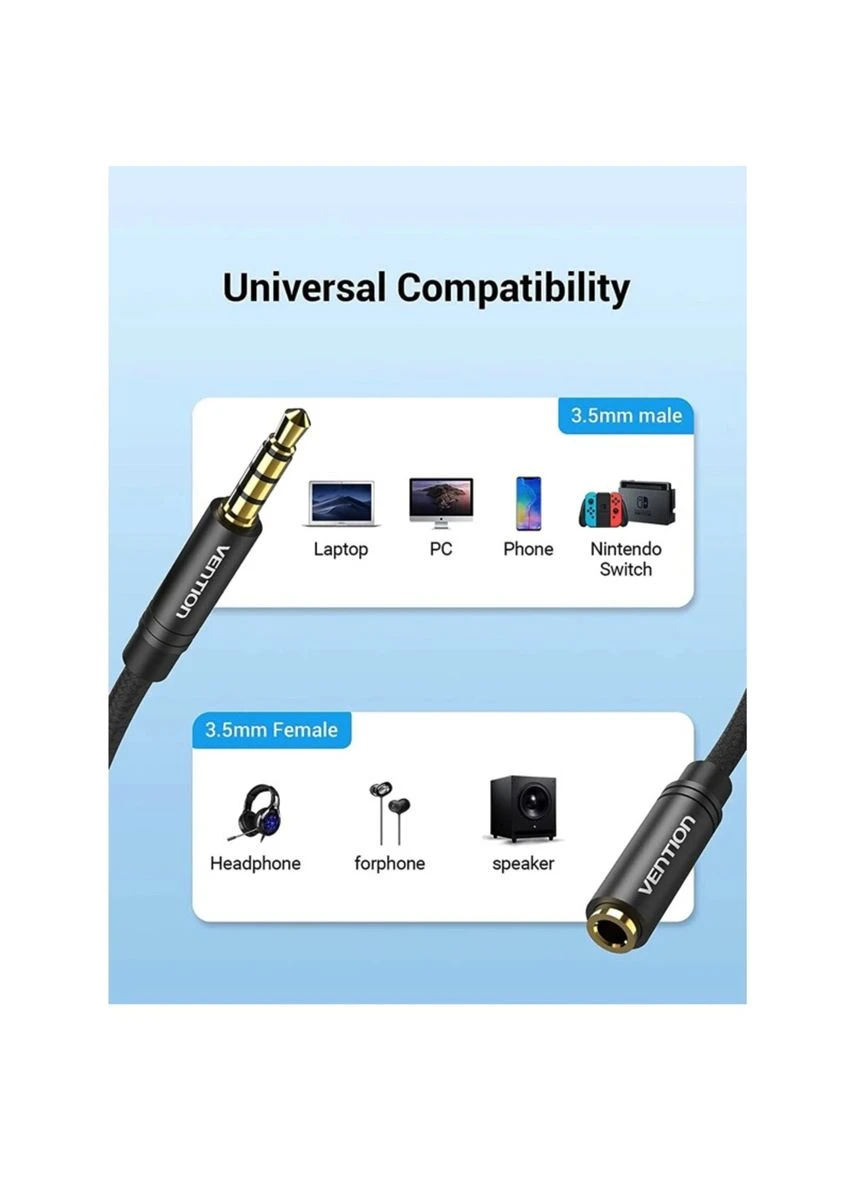 Кабель Подовжувач Cotton Braided TRRS 3.5mm Male to 3.5mm Female Audio Extension Cable 3M Black Aluminum Alloy Type Vention (300683175)