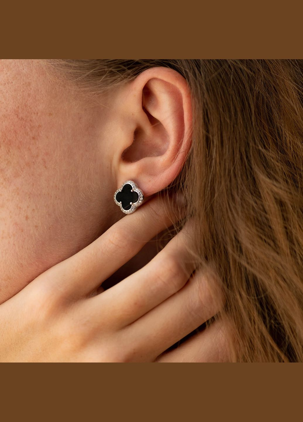 Срібні сережки - пусети Конюшина (онікс, фіаніти) 158/1о Oniks (264023174)