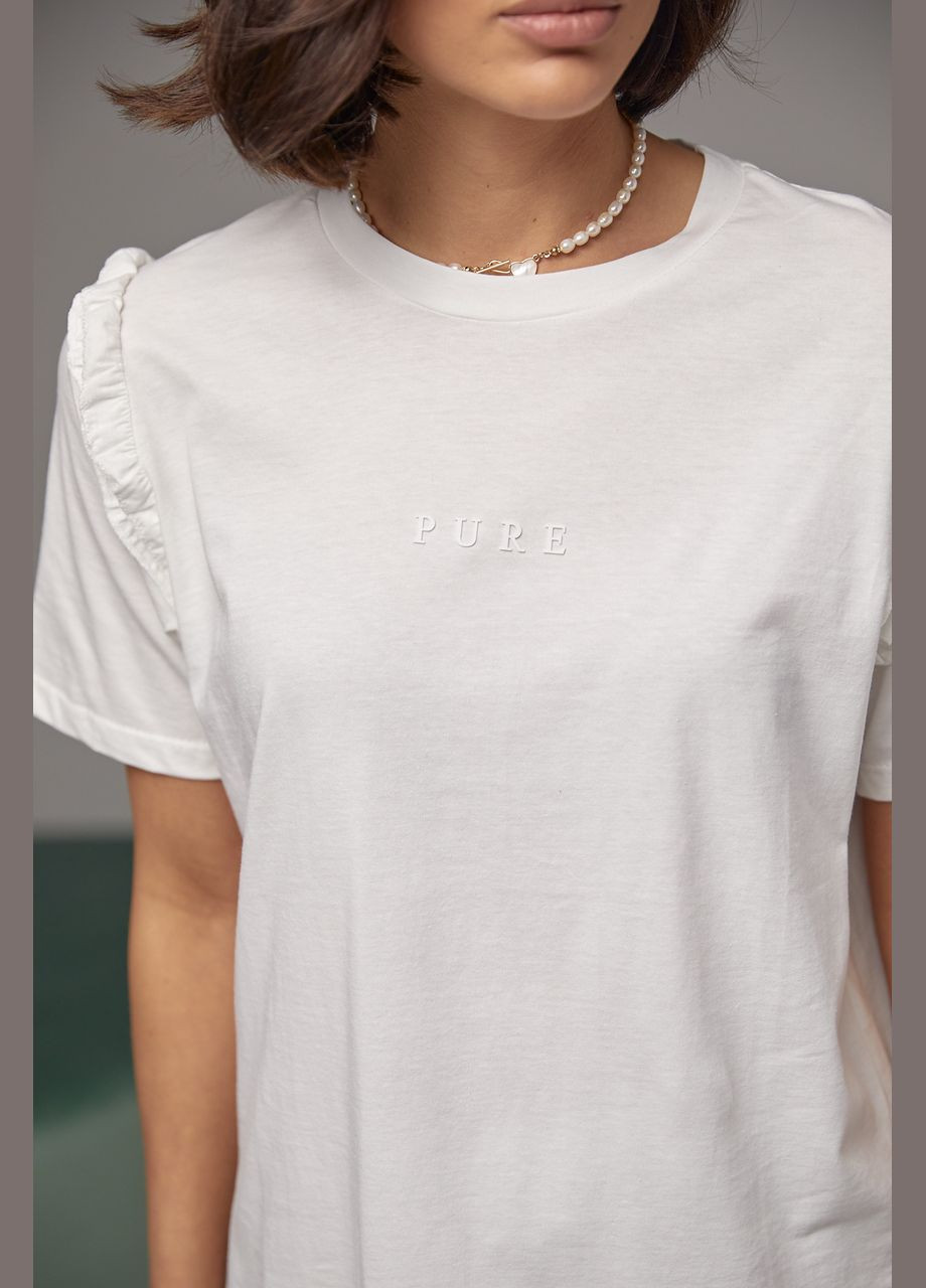 Молочная летняя футболка с надписью pure и рюшами 2406 с коротким рукавом Lurex