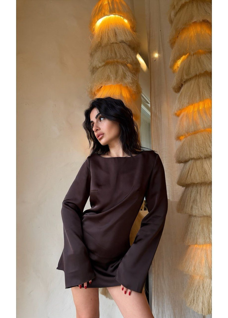 Темно-коричневое праздничный, коктейльное, вечернее, кэжуал шелковое мини платье на низкий рост Vakko однотонное