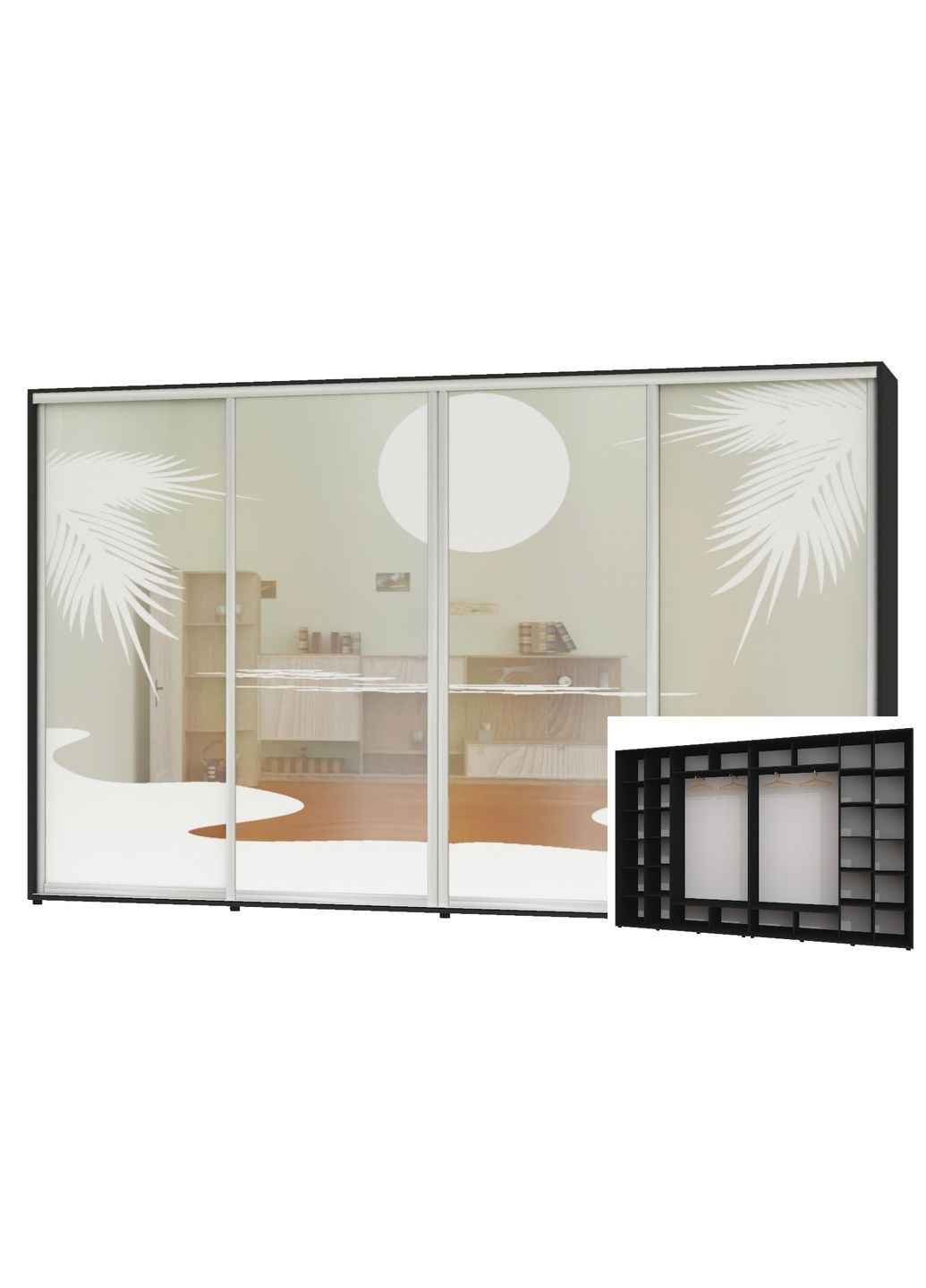 Шафа-купе чотиридверна 420*45*240 Антрацит Дзеркало з піскострумним малюнком Алекса (360478325)