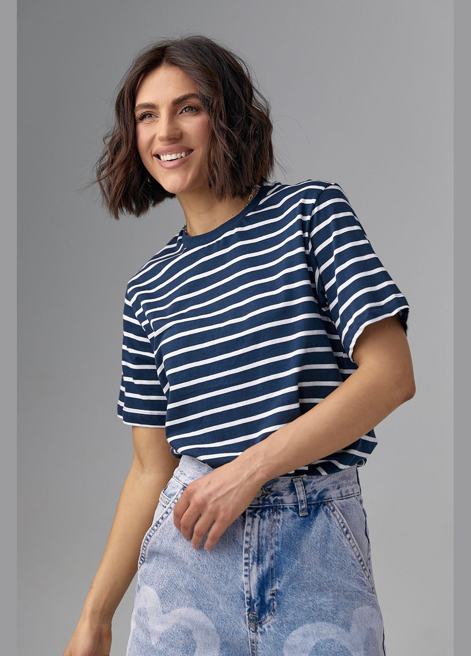 Темно-синяя летняя женская футболка прямого кроя в полоску 2454 с коротким рукавом Lurex