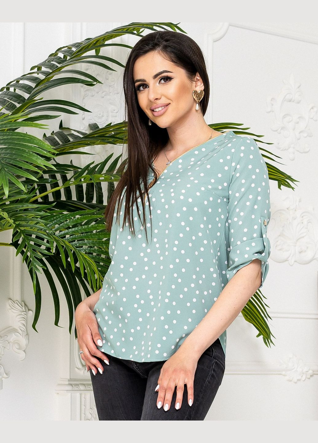 Серо-зелёная стильная блуза с молнией на груди No Brand