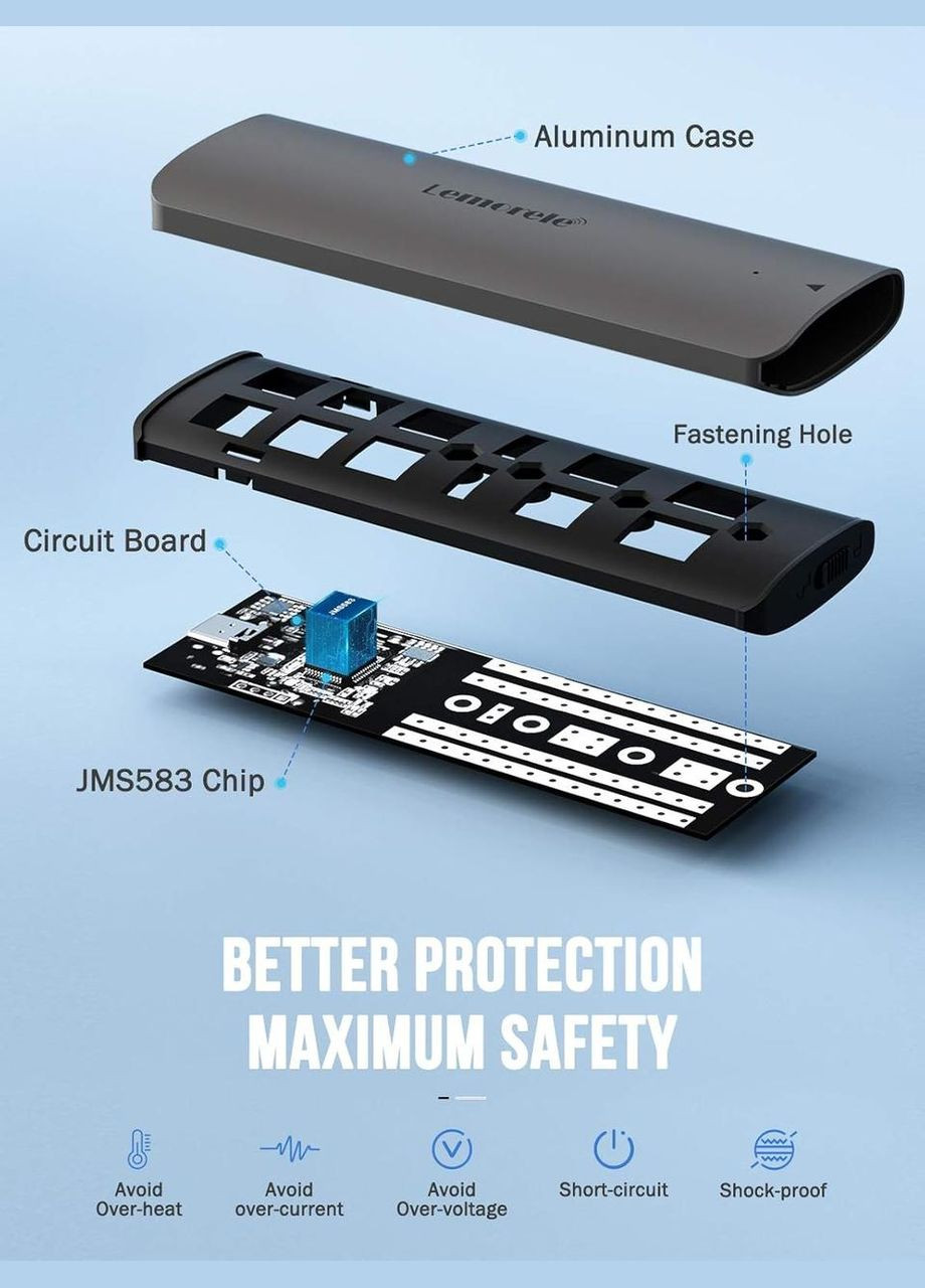 Внешний карман Lemorele SD1L для SSD M.2 NVME, USB 3.1 Gen 2 to PCI-E (M Key & B+M Key) 10Gbps No Brand (322415302)