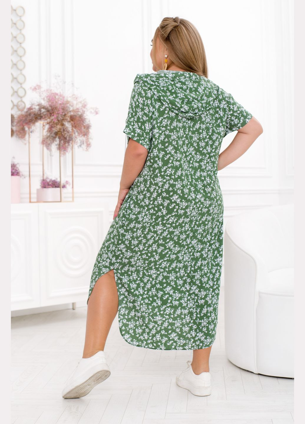 Оливковое (хаки) повседневный платье с капюшоном платье-худи No Brand с цветочным принтом