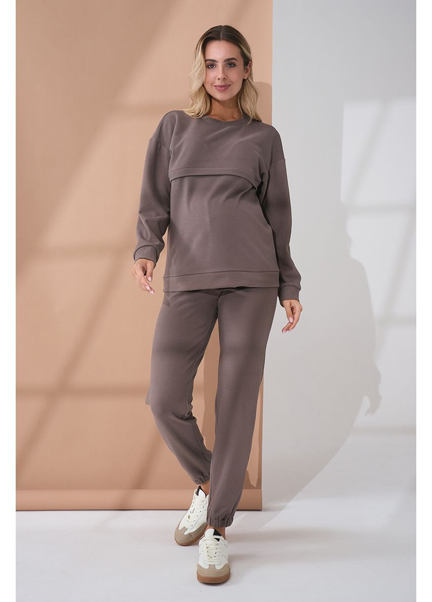 Домашний костюм для беременных и кормящих из термотрикотажа серо-бежевый Юла мама (363620718)