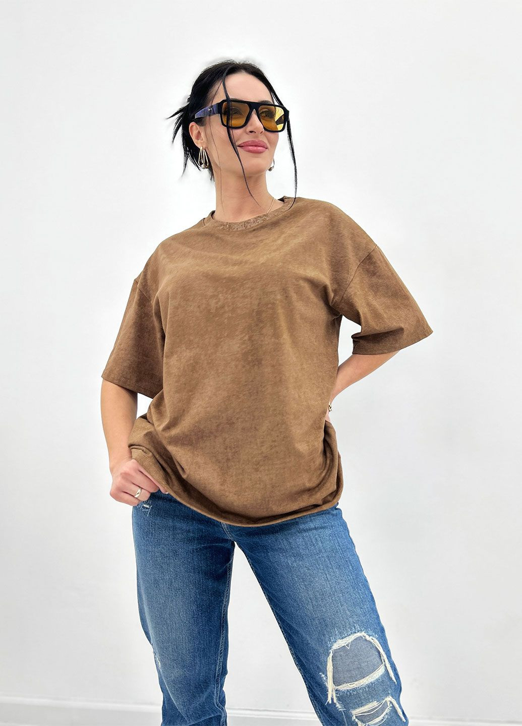 Кофейная базовая футболка тай-дай с коротким рукавом Fashion Girl Simple
