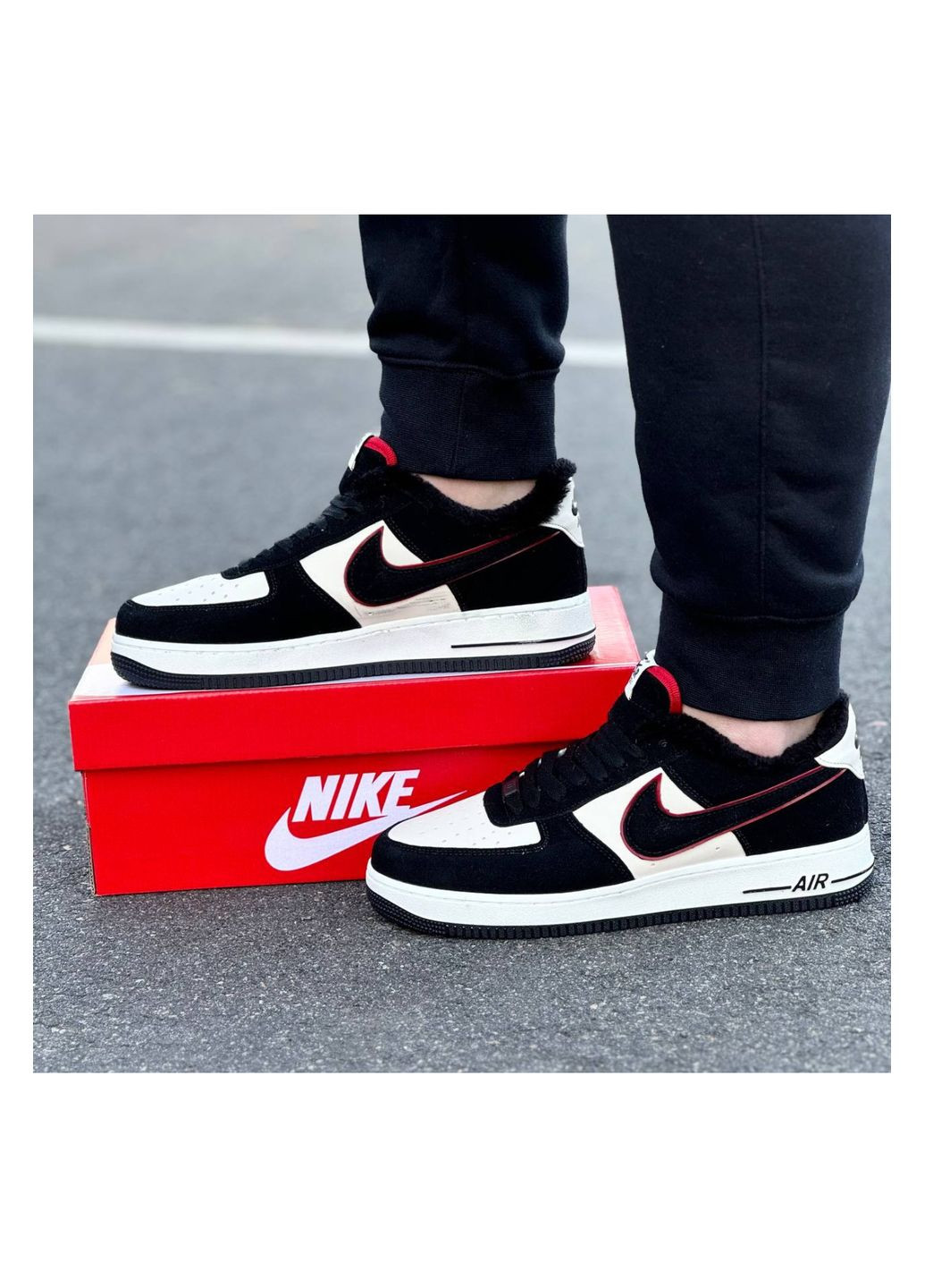 Черно-белые зимние стильные кроссовки с мехом No Brand