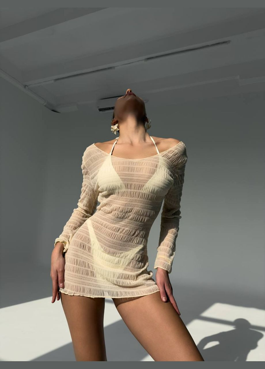 Молочний літній пляжний сет трійка з тунікою купальник-сукня, роздільний Vakko