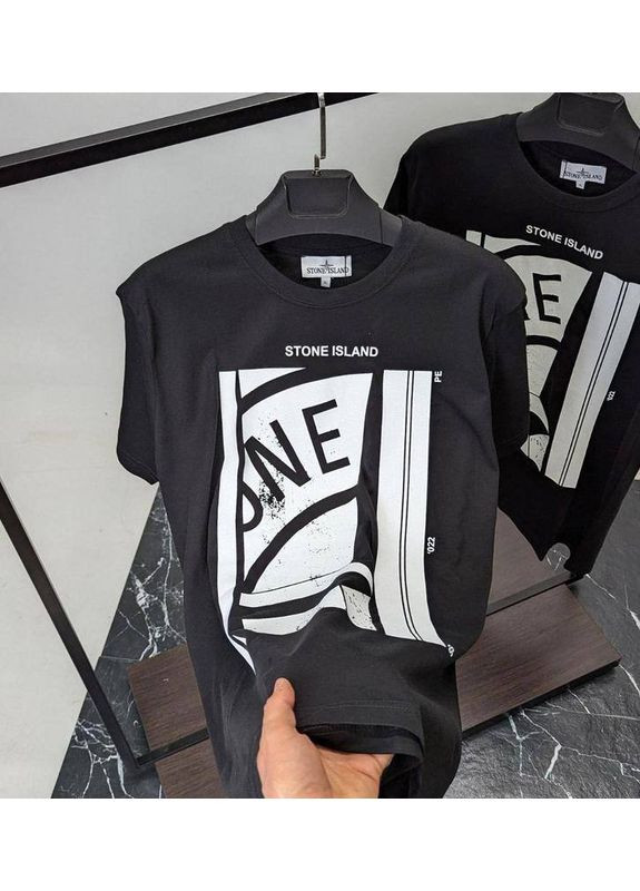 Черная мужская футболка с передним зеленым принтом стильная оверсайз, в стиле stone No Brand