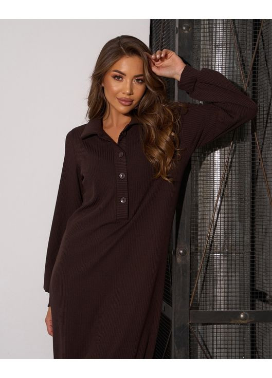 Темно-коричневое повседневный, кэжуал длинное платье поло с разрезом платье-футболка ISSA PLUS однотонное