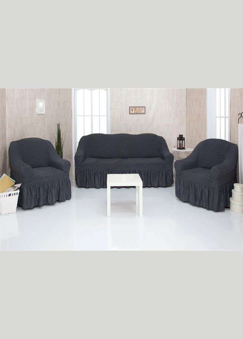 Чехлы натяжные на диван 3-х местный и два кресла 01-229 (универсальные) Темно-серый Venera (268547635)