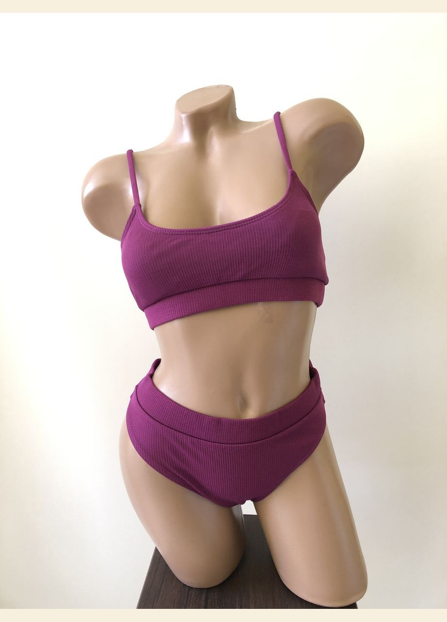 Фіолетовий літній жіночий роздільний купальний в рубчик із завищеною талією No Brand