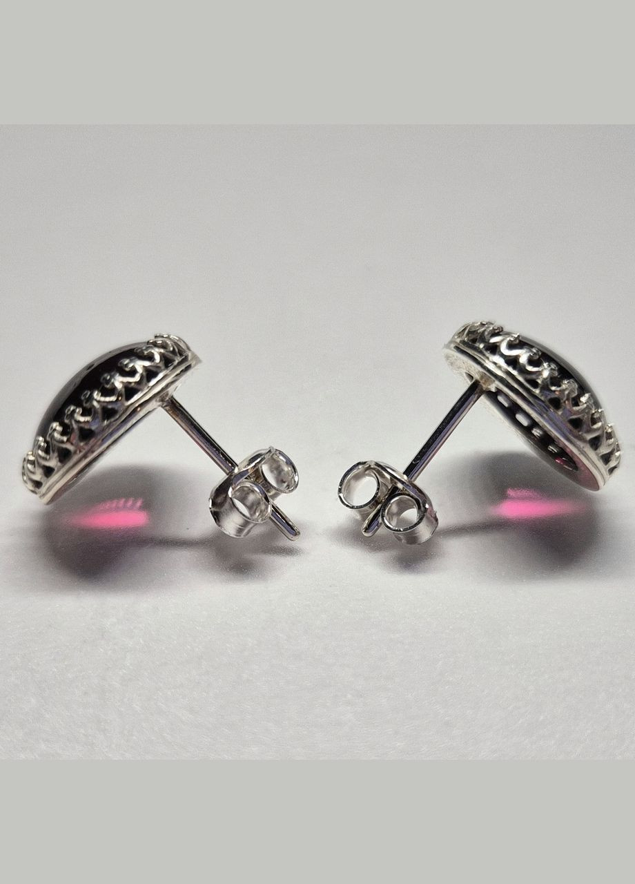 Сережки пусети з гранатом бордовим круглим альмандином із натуральними природним камінням в ажурній оправі Handmade (327096625)