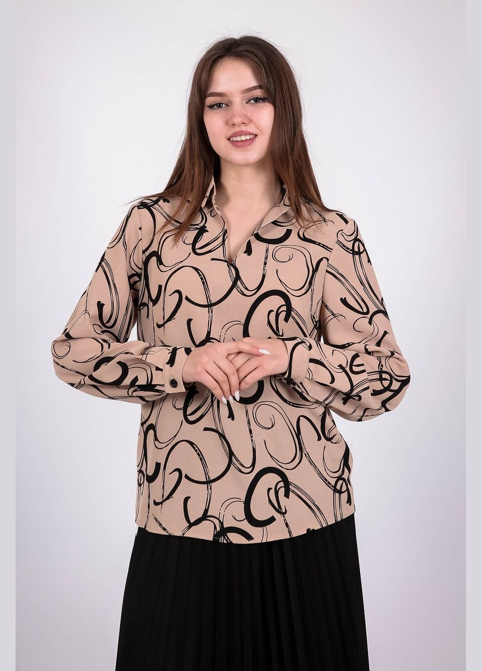 Світло-коричнева блузка жіноча 053 малюнок креп капучино Актуаль