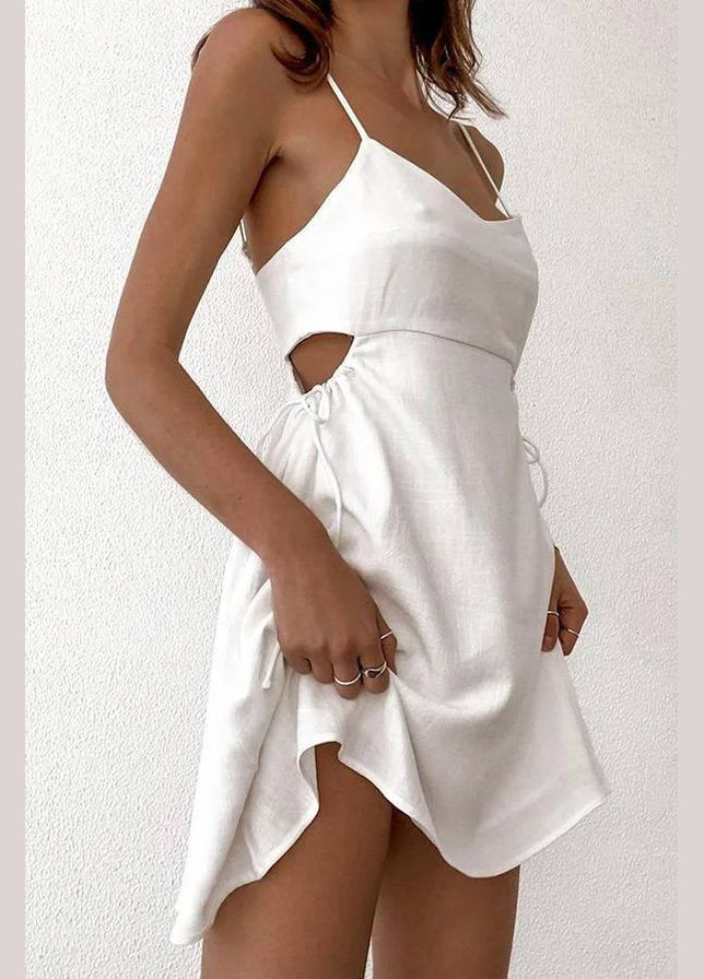 Білий ніжна біла лляна сукня без рукава з відкритим декольте, прогулянкова повсякденна літня сукня шикарної якості No Brand