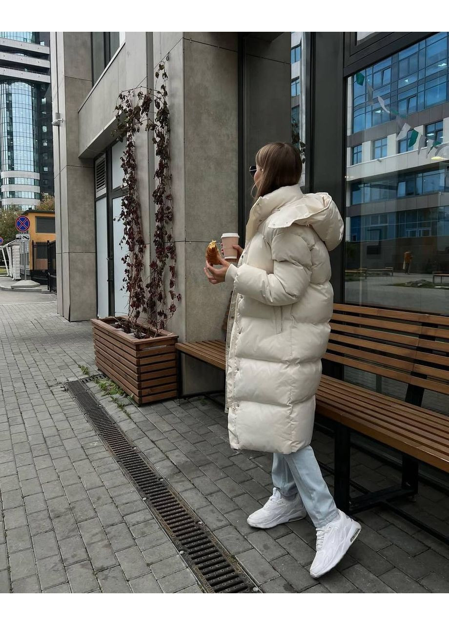 Молочна зимня ✨жіноча подовжена тепла куртка з капюшоном на кнопках заміри в описі✨ куртка-пальто Vione