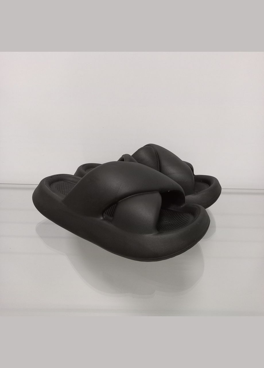 Черные женские черные пляжные дутые шлепанцы крестиком на платформе Progress Service