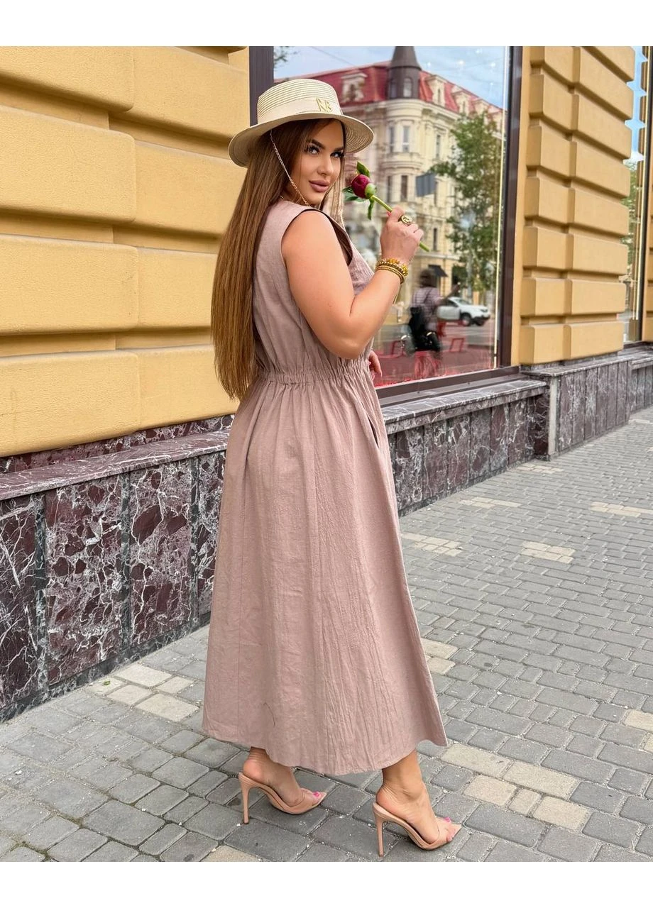 Кавова стильна сукня з льону яка виглядає дорого та дарує комфорт у спеку мод крс-074, мокко, No Brand