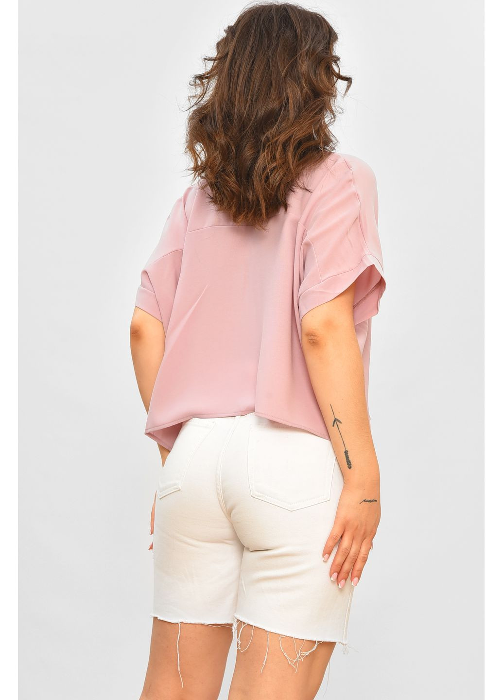 Пудровая блуза женская с коротким рукавом пудрового цвета с баской Let's Shop