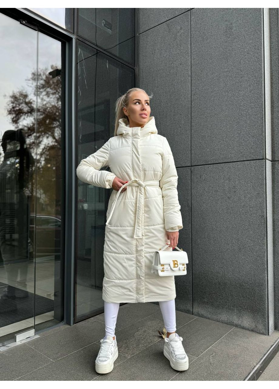 Молочная зимняя длинный женский пуховик с поясом. куртка-пальто GD/GL Модний простір