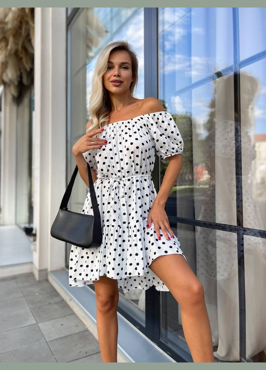 Белое повседневный женское мини платье с поясом а-силуэт Україна в горошек
