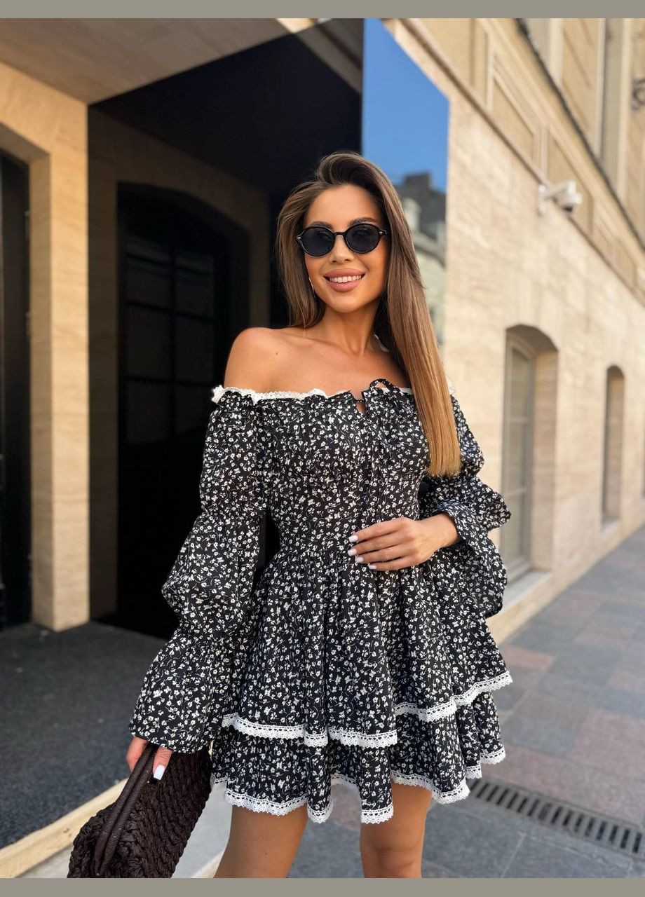 Черное повседневный платье DK/DL Мода без кордонів с цветочным принтом