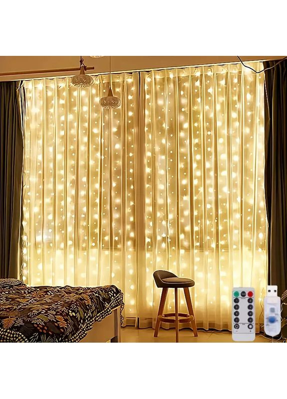 Светодиодная гирлянда-штора 300 LED, 3х1 м, теплый свет, USB питание, с пультом управления China (361848883)