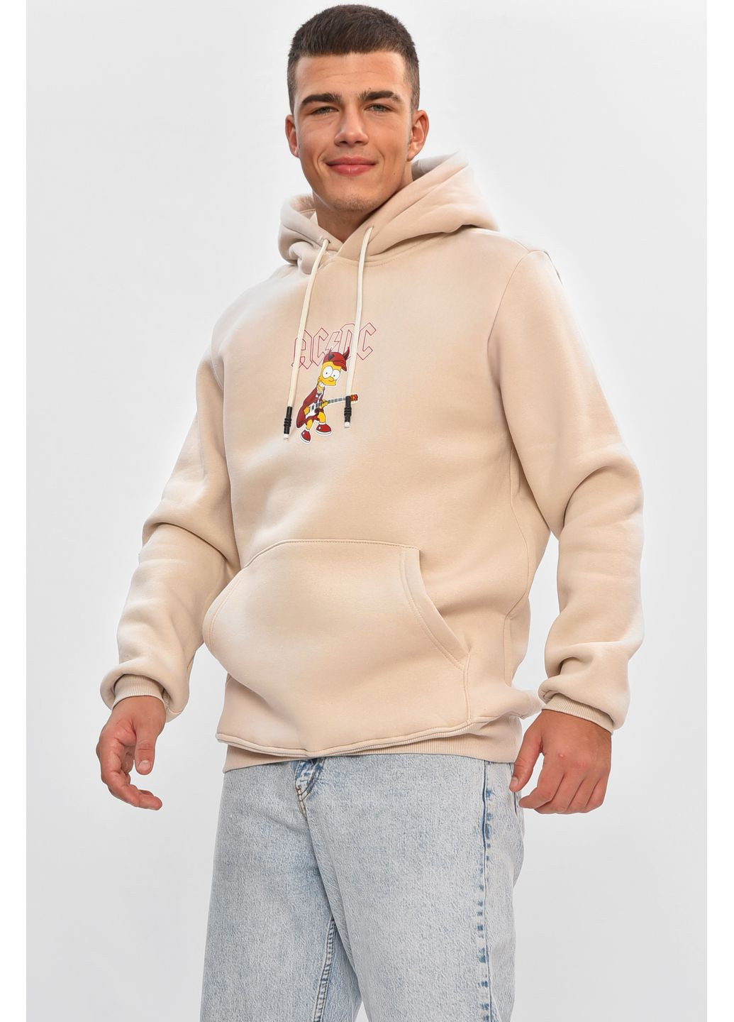 М'ятний худі чоловіче на флісі світло-бежевого кольору з принтом Let's Shop малюнок без декору (356454615)