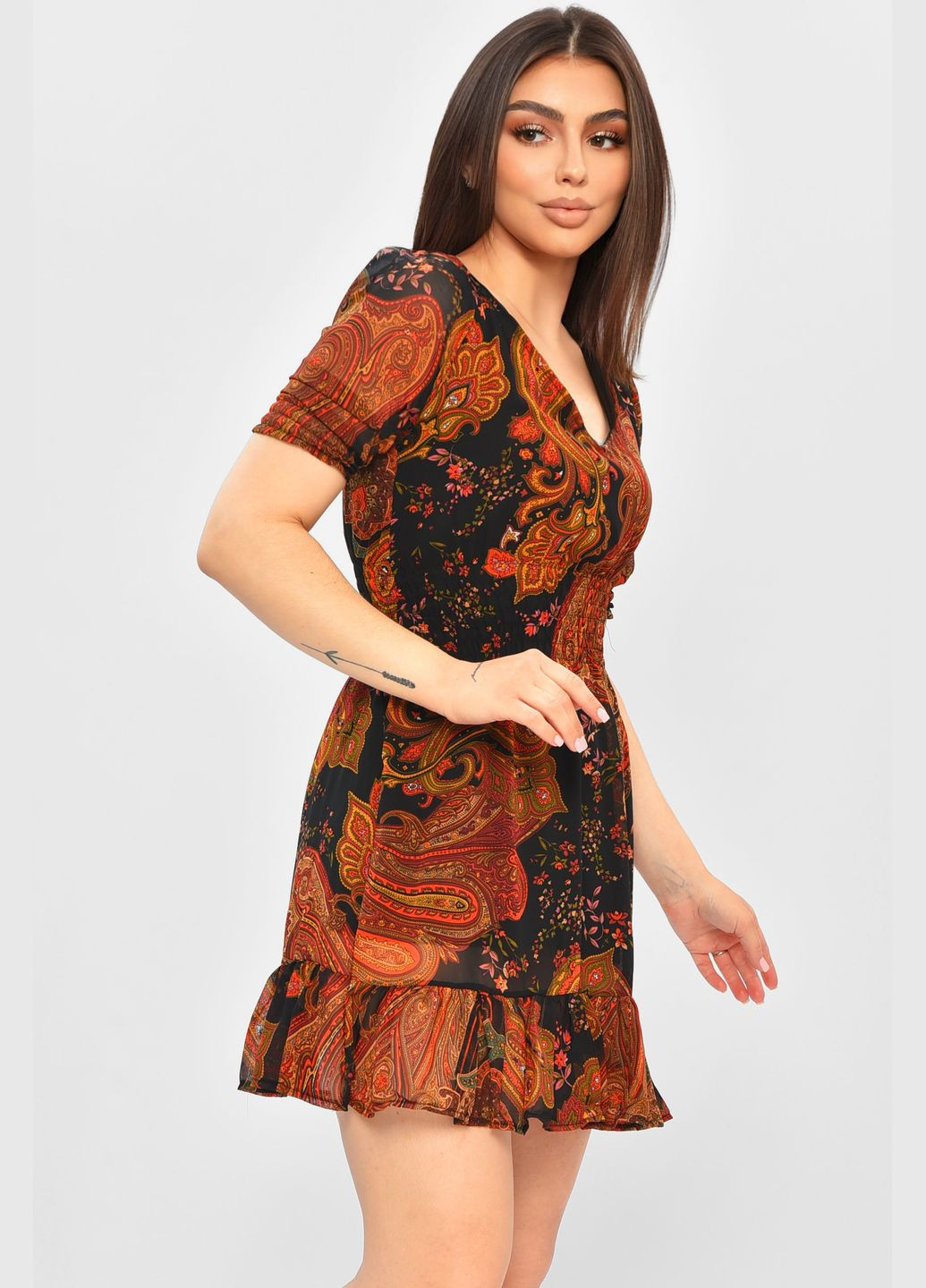 Черное кэжуал платье женское шифоновое черного цвета с узором баллон Let's Shop с абстрактным узором