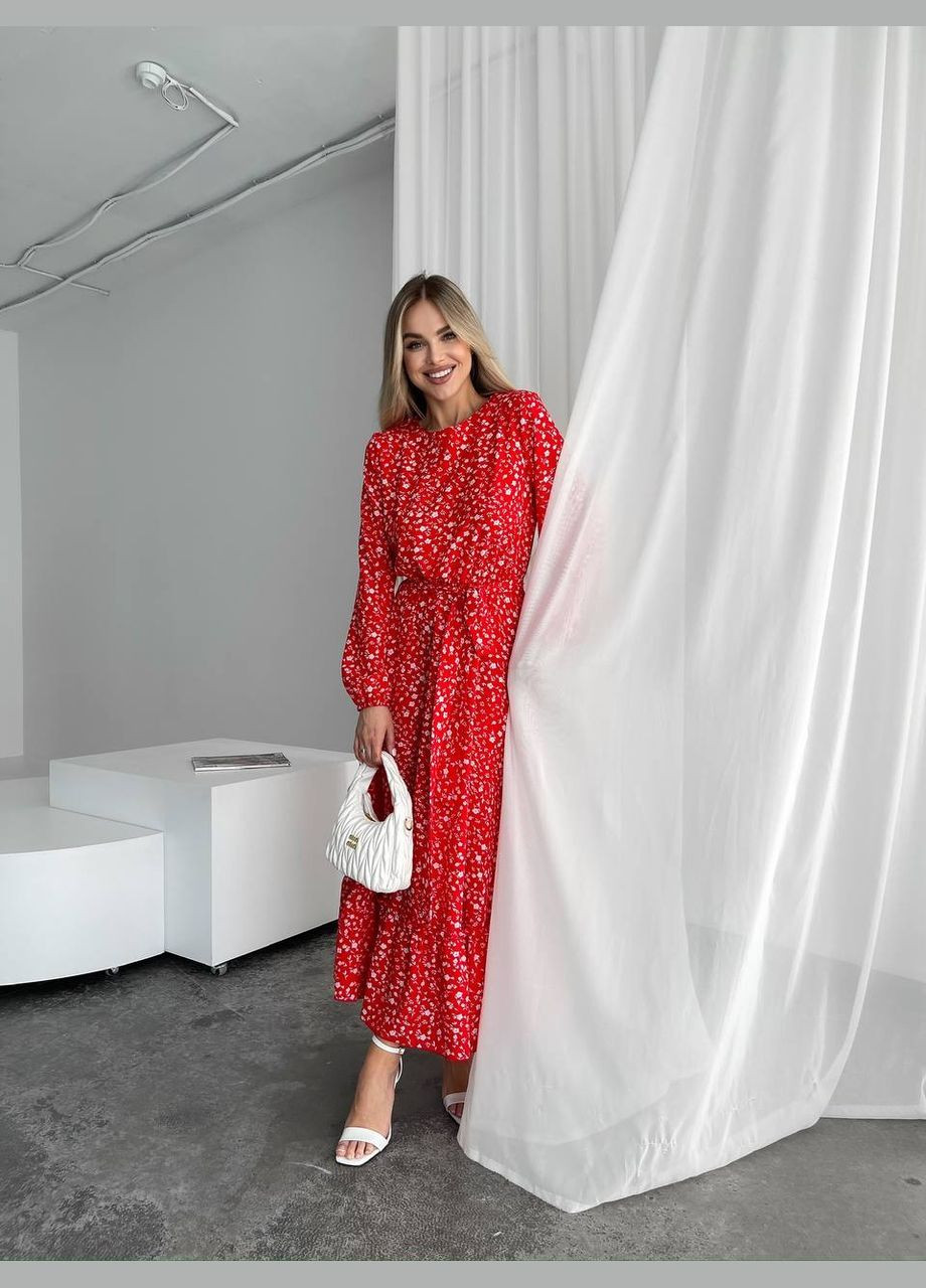 Красное кэжуал женское легкое платье миди клеш Україна с цветочным принтом