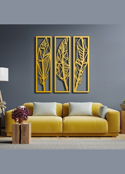 Панно 3D декоративное с объемом 15 мм для стен, Тропические листья золотое Декоинт (278286780)
