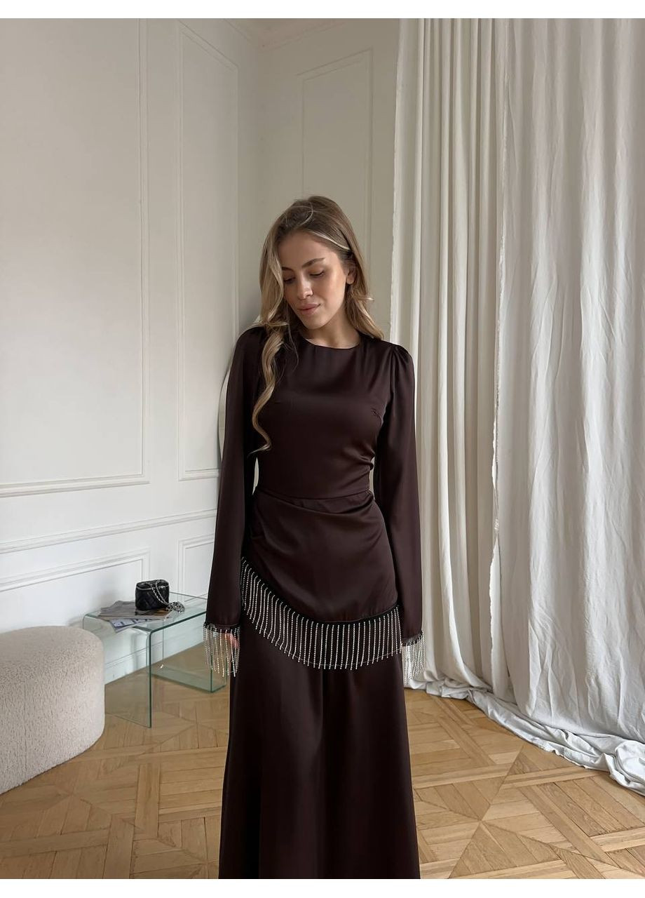 Коричнева святковий елегантна сукня з шовку армані з камінцями — заміри в описі силуетна Vione однотонна