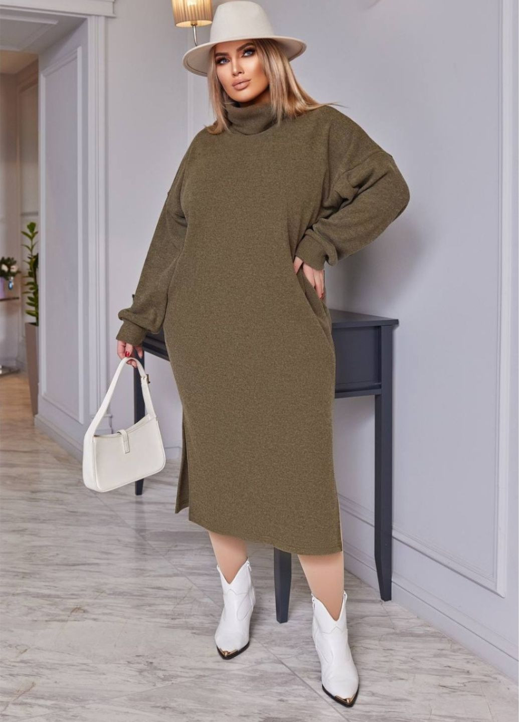 Оливковое (хаки) повседневный платье свободного кроя с поясом платье-свитер No Brand однотонное