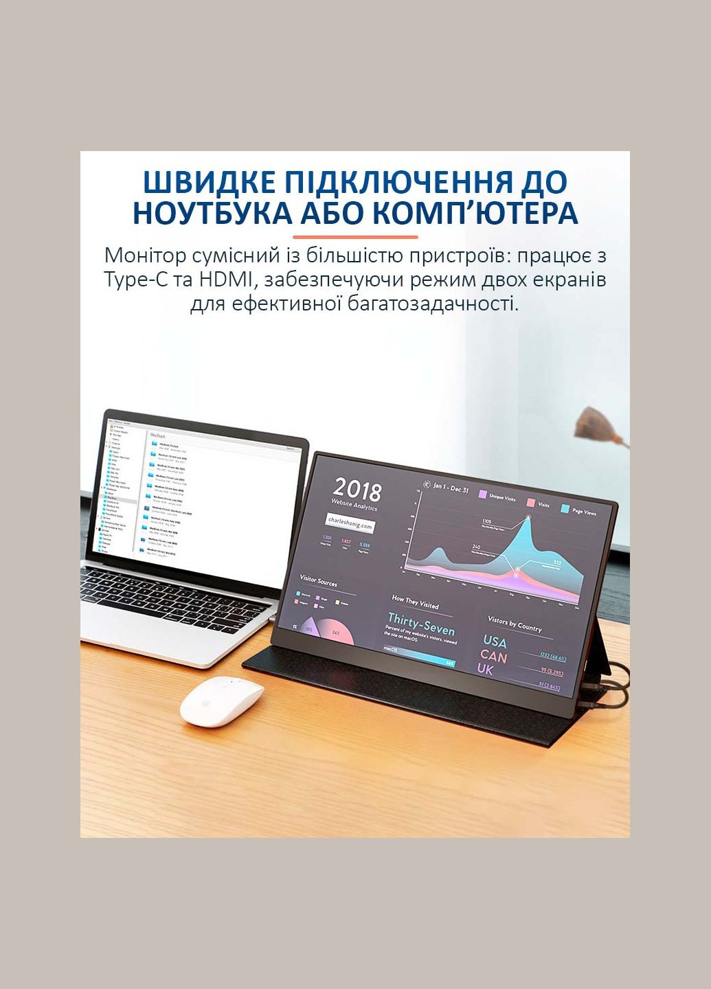 Монітор портативний 156FC / 15.6'' / IPS / 1920x1080 / Type-C / HDMI / jack 3.5 мм / другий екран No Brand (322819144)