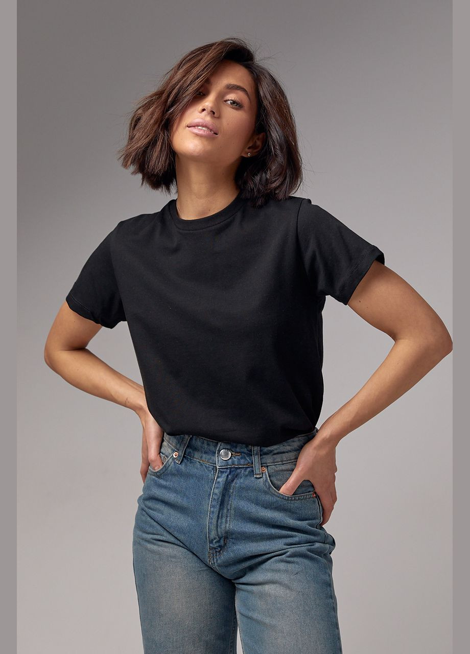 Черная летняя базовая женская однотонная футболка - черный Lurex