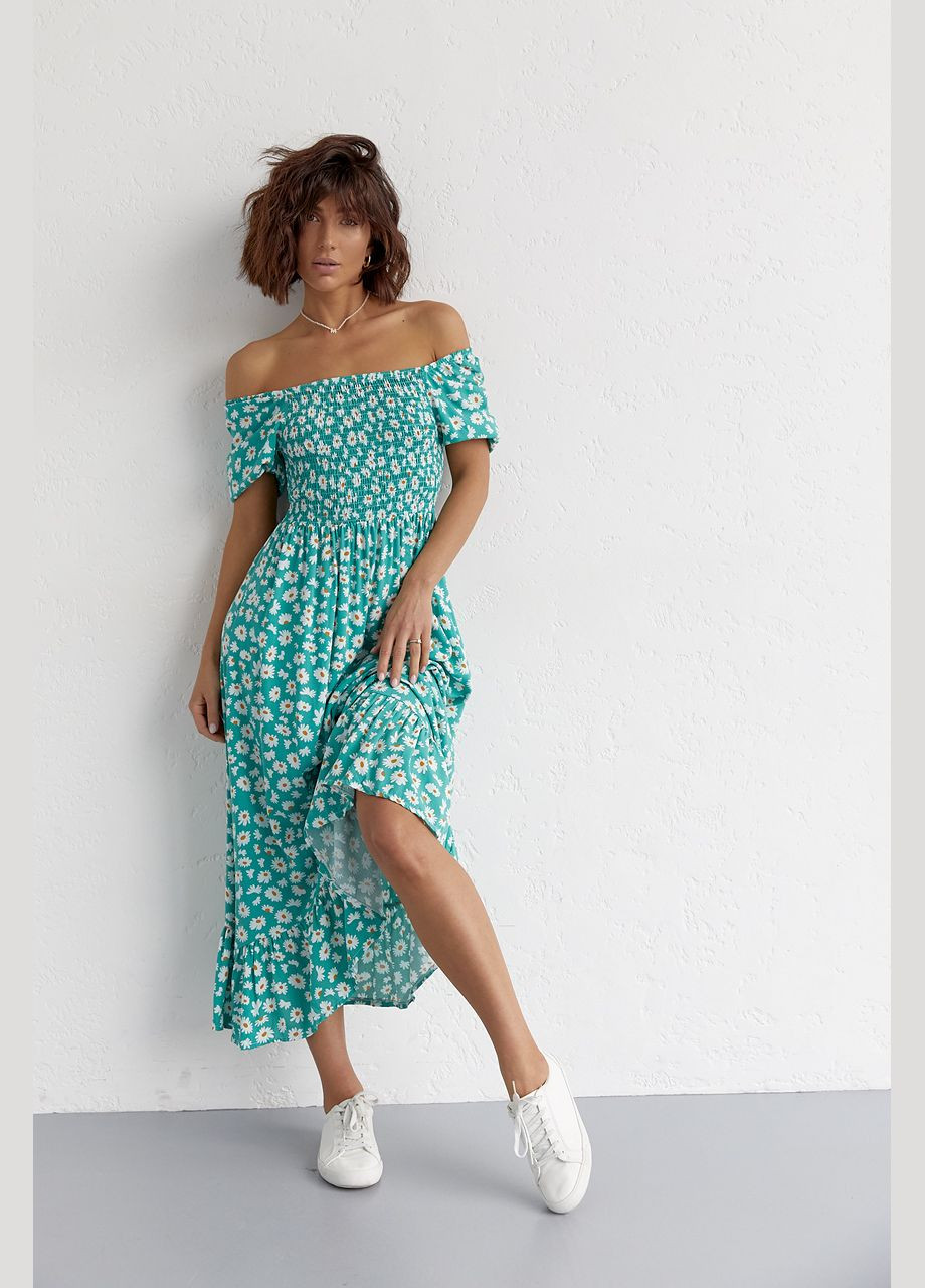 Смарагдова повсякденний, вечірня жіноча довга сукня з еластичною талією та шлярою з відкритою спиною Liton з квітковим принтом