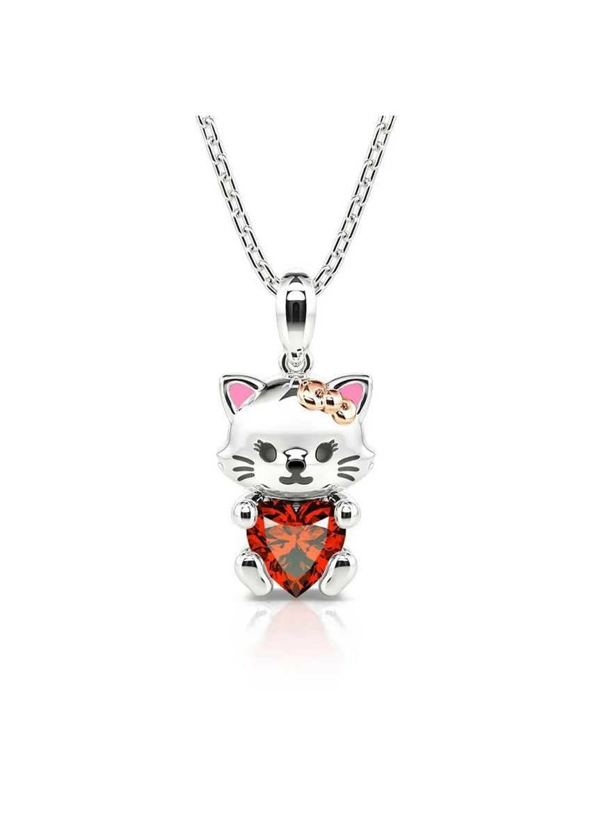 Цепочка с кулоном милый серебристый котик с красным сердечком фианитом и розовыми ушками Liresmina Jewelry (289361385)