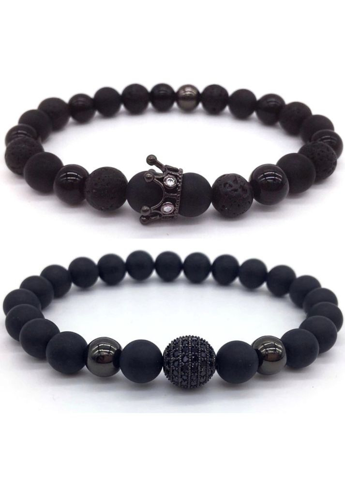 Чоловічі браслети з натурального каміння (комплект) з короною та сферою чорні No Brand (328251214)